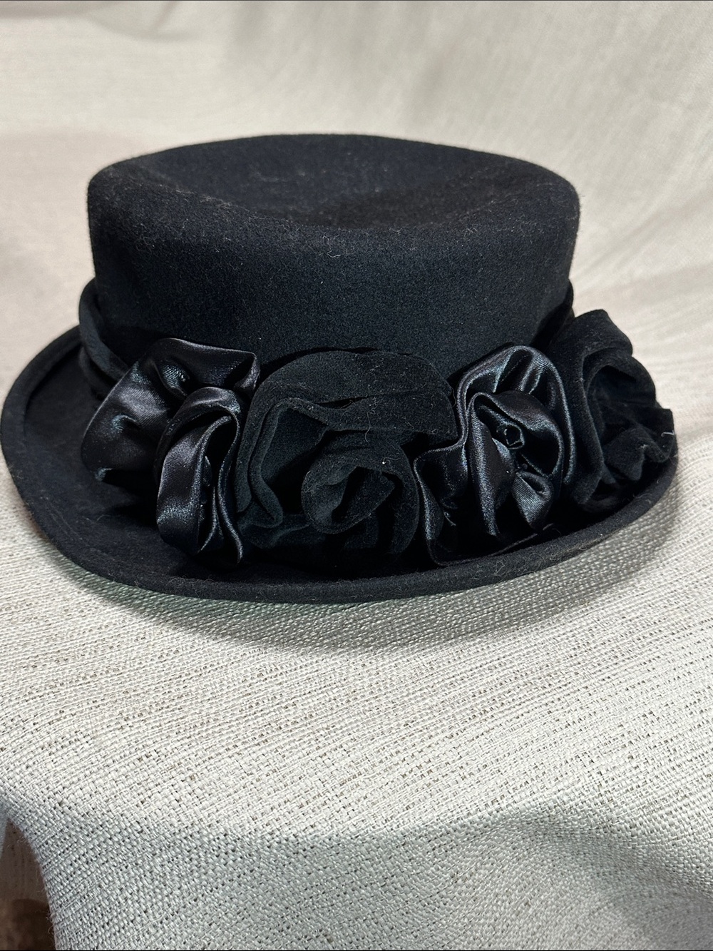 Vintage Wool Dress Hat with Suede and Silk Rosettes